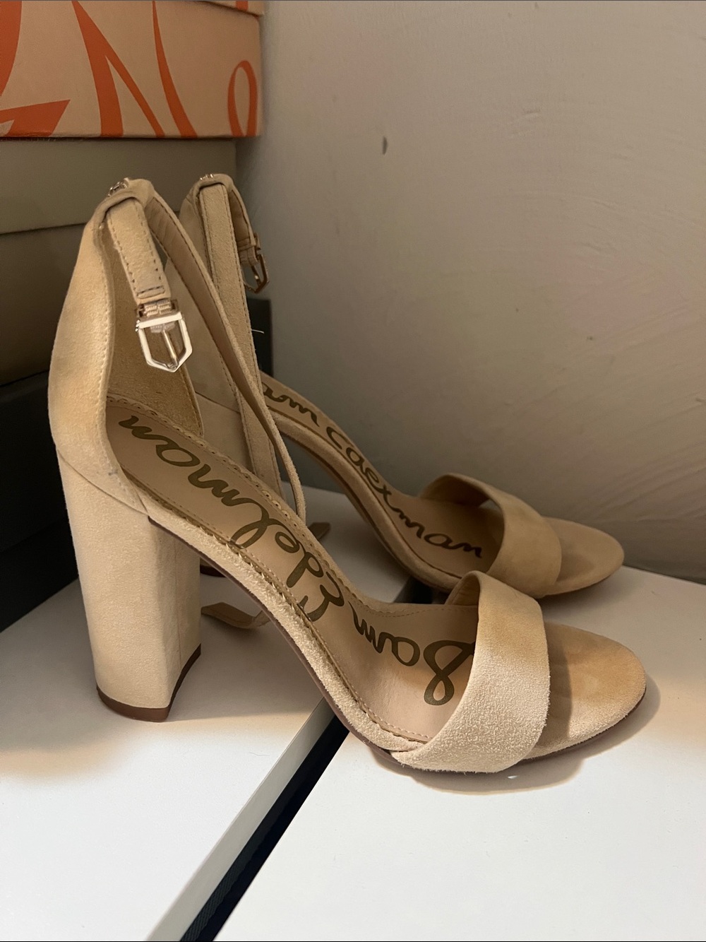Sam Edelman Neutral Beige Suede Block Heel Sandals